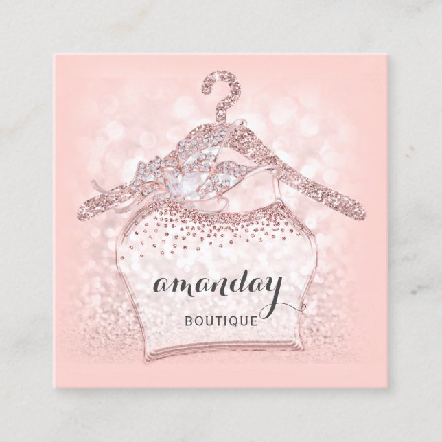 Rose Diamond Cloth Hanger Pink  Boutique Square Business Card (Front)