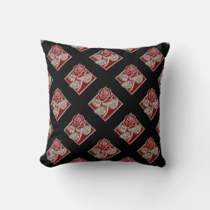 Rose Diamonds-01-Red Black-Square Throw Pillow