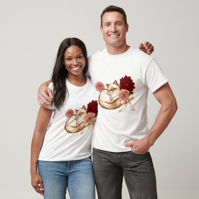Rose Dreams: Curled Cat in Floral Bliss T-Shirt (Unisex)