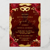 Gold Red Rose Lace Butterfly Quinceanera Birthday  Foil Invitation