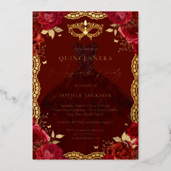 Rose Dress Masquerade Party Red Gold Quinceanera  Foil Invitation by LittleBayleigh at Zazzle