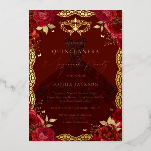 Rose Dress Masquerade Party Red Gold Quinceanera  Foil Invitation