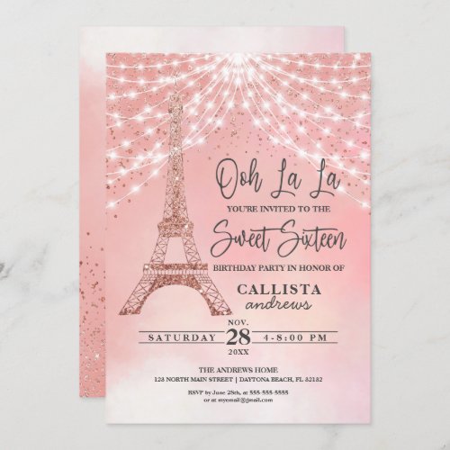 Rose Eiffel Tower Glitter Sparkles Lights Sweet 16 Invitation