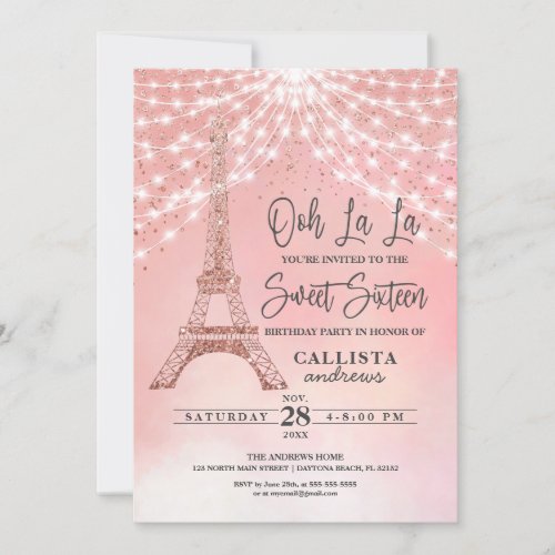 Rose Eiffel Tower Glitter Sparkles Lights Sweet 16 Invitation