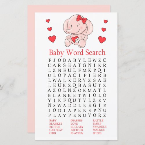 Rose elephant Baby Shower Word Search Game