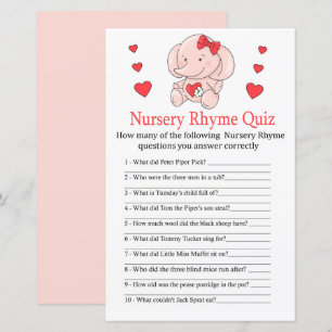 Rose elephant Nursery Rhyme Quiz baby shower game