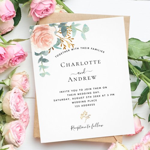 Rose eucalyptus blush budget wedding invitation flyer