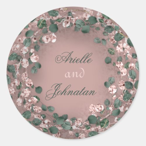 Rose Eucalyptus Wreath Wedding Favor Green Blush Classic Round Sticker