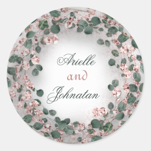 Rose Eucalyptus Wreath Wedding Favor Green Classic Round Sticker