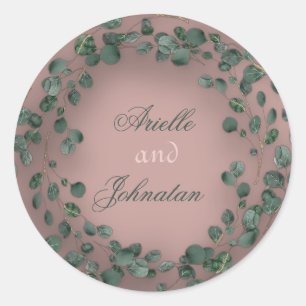 Rose Eucalyptus Wreath Wedding Name Favor Green Classic Round Sticker