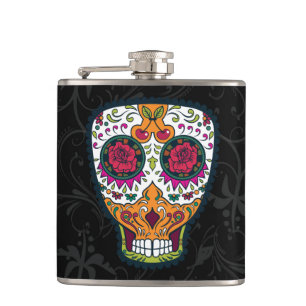 Rose Eyes Orange White Sugar Skull Flask