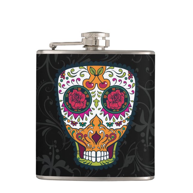 Rose Eyes Orange White Sugar Skull Flask (Front)