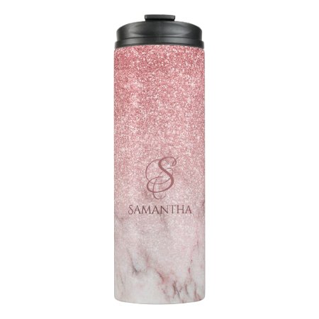 Rose Faux Glitter And Marble 2a Monogram Thermal Tumbler