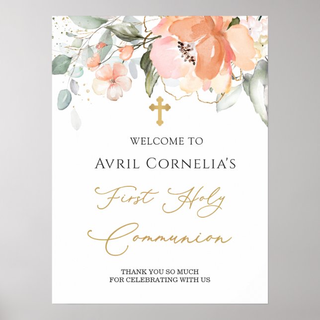 Rose First Holy Communion Welcome Sign Poster (Front)