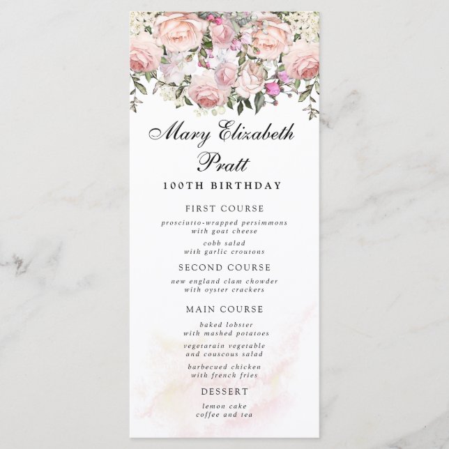 Rose Floral 100th Birthday Menu (Front)