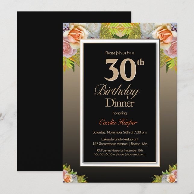 Rose Floral 30th Birthday Dinner Invitation (Front/Back)