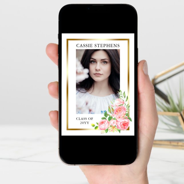 Rose Floral 4 Photo Collage Gold Frame Graduation Announcement (Front Digital)