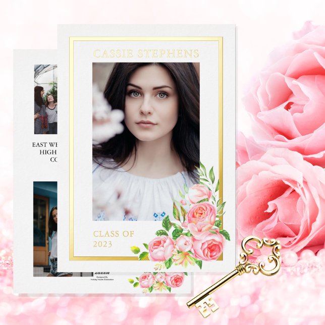 Rose Floral 4 Photo Collage Gold Frame Graduation  Foil Invitation (Creator Uploaded)