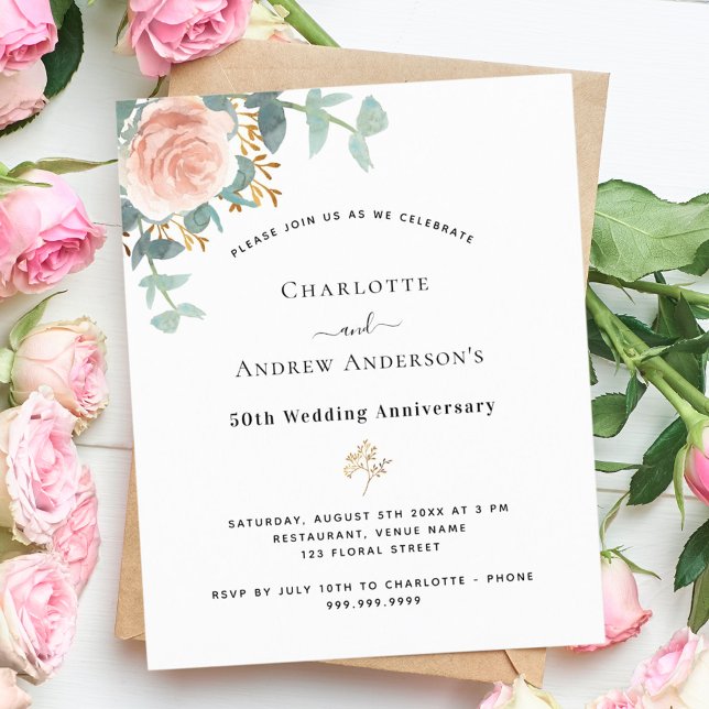 Rose floral 50th wedding anniversary invitation (Creator Uploaded)