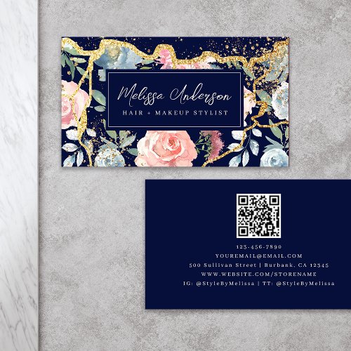 Rose Floral Agate Gold Glitter QR Code Business Card