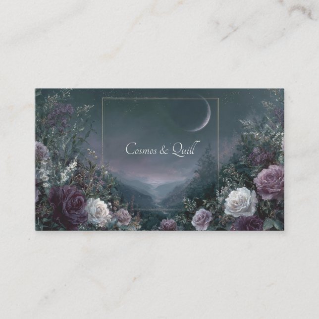 Rose Floral and Crescent Moon Night Sky Valley Business Card (Front)