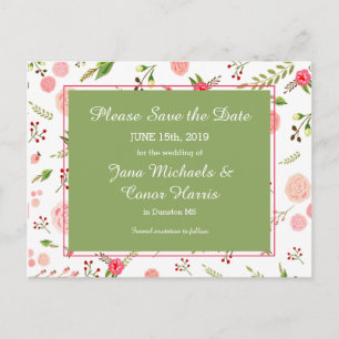 Rose Floral and Green Wedding Save the Date Announcement Postcard