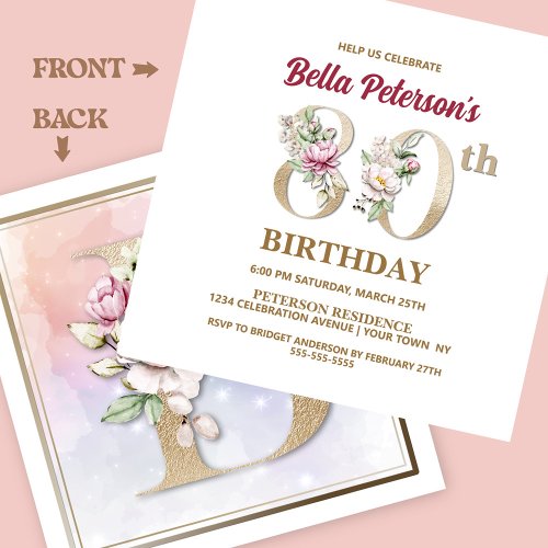 Rose Floral B 80th Birthday Party Invitation