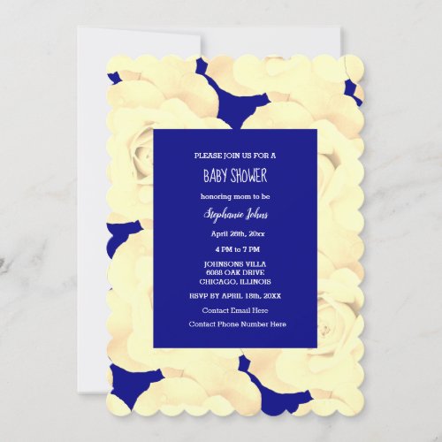 Rose Floral Baby Shower Baby Girl Navy Blue Ivory Invitation