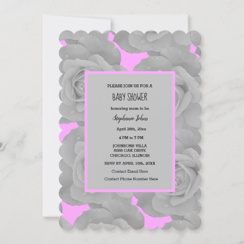 Rose Floral Baby Shower Baby Girl Pink Grey Custom Invitation