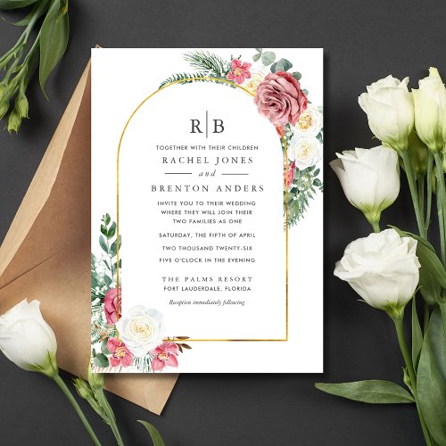 Rose Floral Blended Family Monogram Wedding Invitation