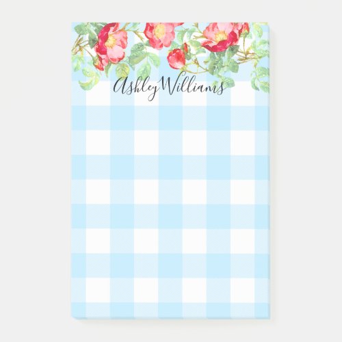 Rose Floral Blue Buffalo Plaid Monogram Name 4x6 Post_it Notes