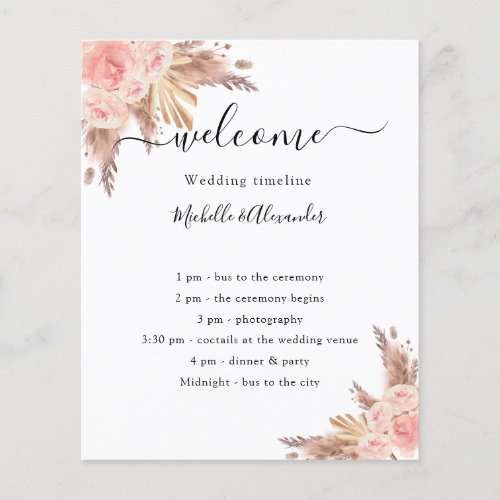 Rose floral blush pampas grass wedding program