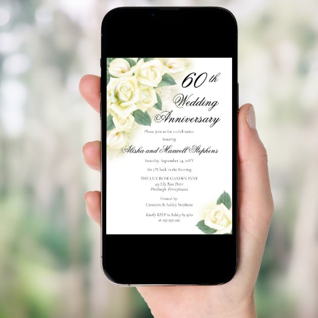 Rose Floral Bouquet 60th Wedding Anniversary Party Invitation (Front Digital)