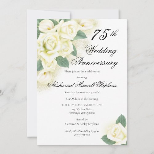 Rose Floral Bouquet 75th Wedding Anniversary Party Invitation