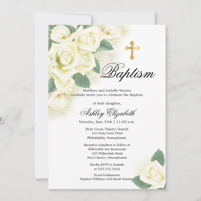 Rose Floral Bouquet Baptism Celebration Invitation (Front)