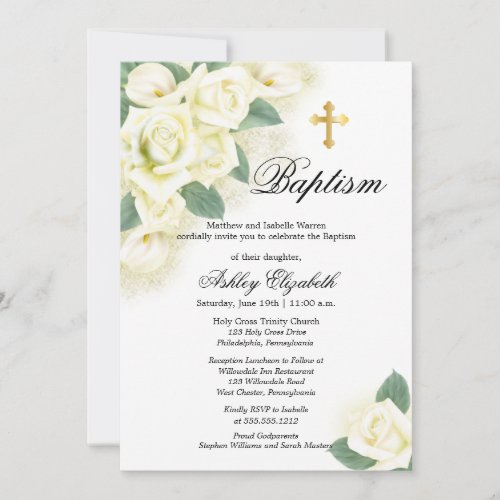 Rose Floral Bouquet Baptism Celebration Invitation