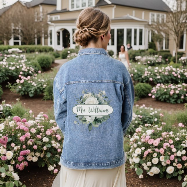 Rose Floral Bouquet Mrs. Monogram Name Calligraphy Denim Jacket (Wedding Back)