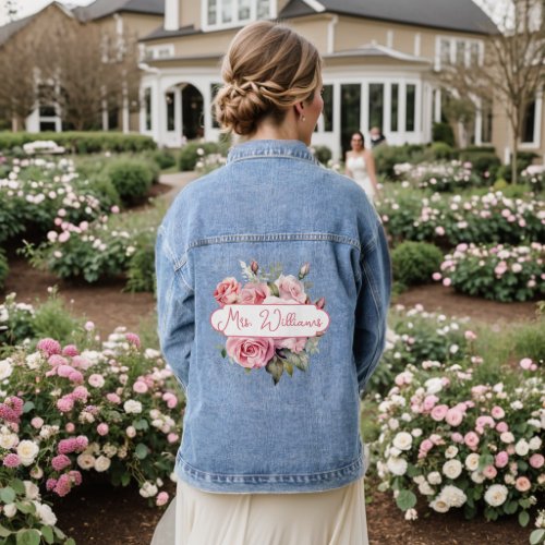 Rose Floral Bouquet Mrs Monogram Name Calligraphy Denim Jacket