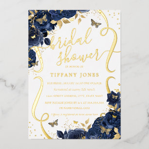 Rose Floral Butterfly Navy Gold Bridal Shower Foil Invitation