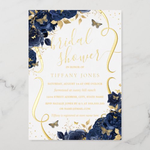 Rose Floral Butterfly Navy Gold Bridal Shower  Foil Invitation