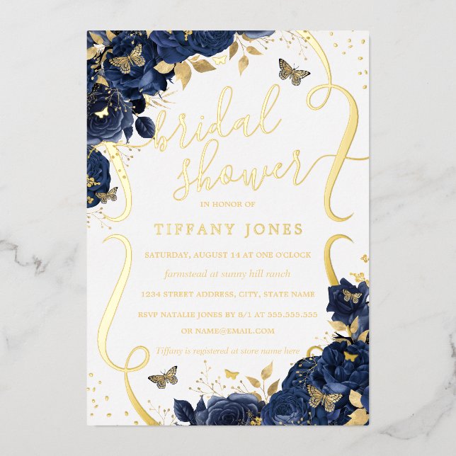 Rose Floral Butterfly Navy Gold Bridal Shower  Foil Invitation (Front)