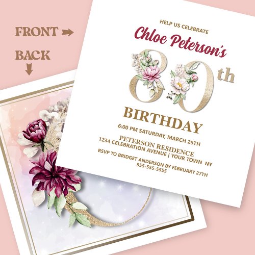 Rose Floral C 80th Birthday Party Invitation