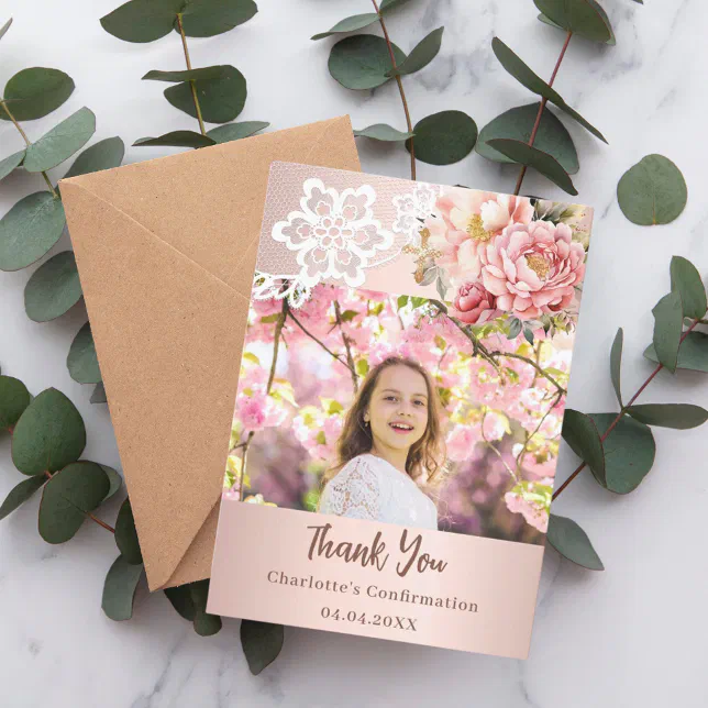 Rose floral Confirmation photo thank you card | Zazzle