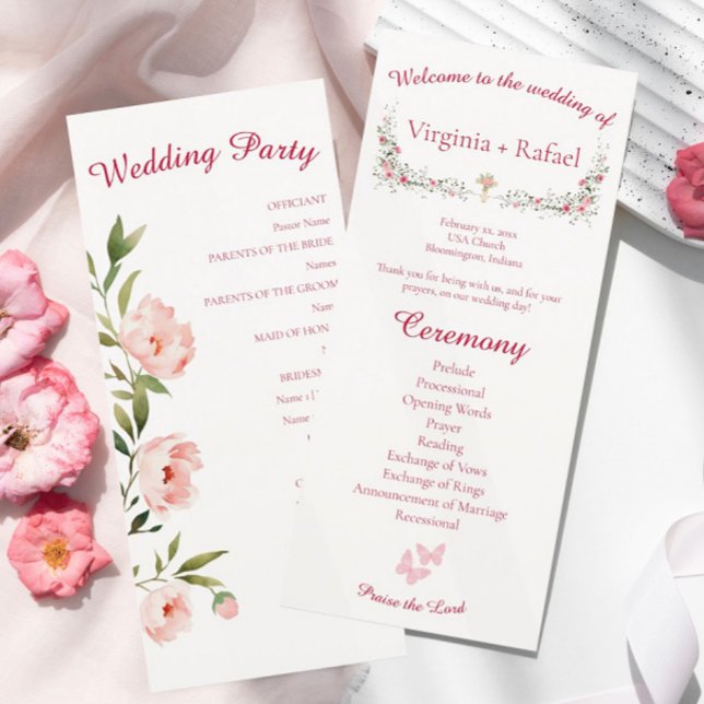 Rose Floral Cream Christian Wedding Program (Rose Watercolor Elegant Floral Christian Wedding Program Card)