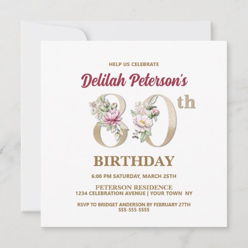 Rose Floral D 80th Birthday Party Invitation