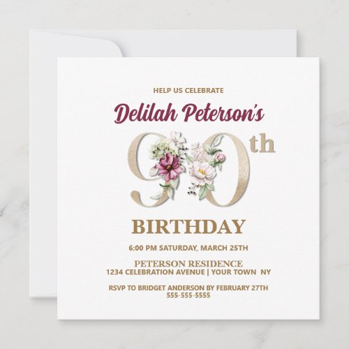 Rose Floral D 90th Birthday Party Invitation