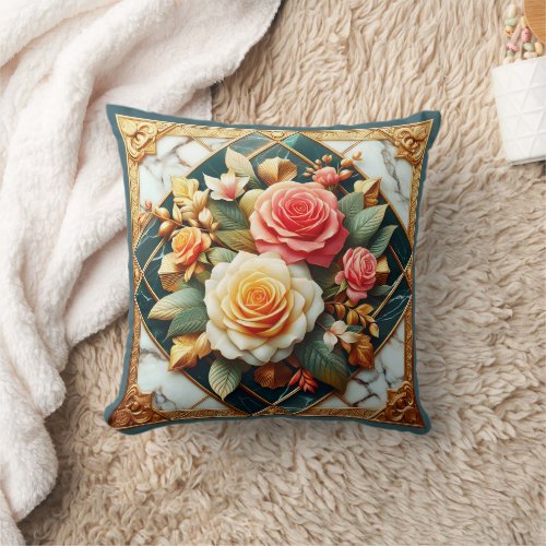 Rose Floral Design With Gold Accents Throw Pillow