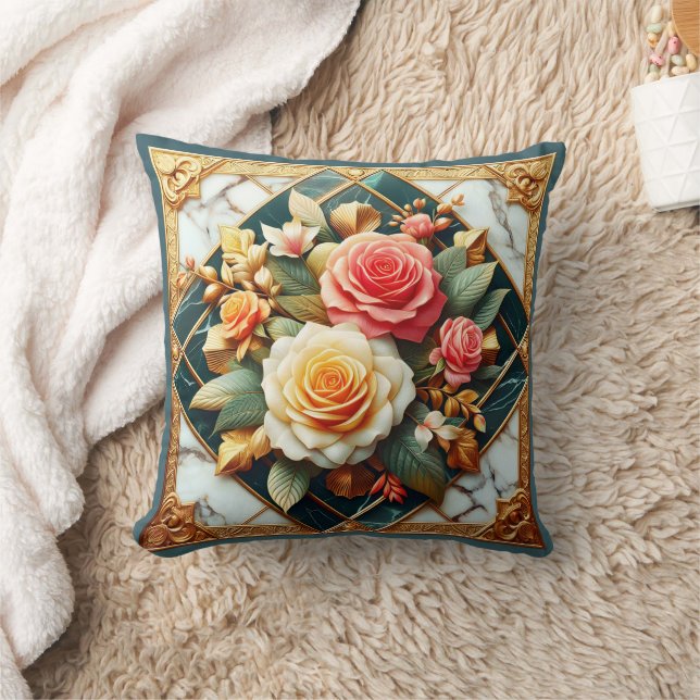 Rose Floral Design With Gold Accents Throw Pillow (Blanket)