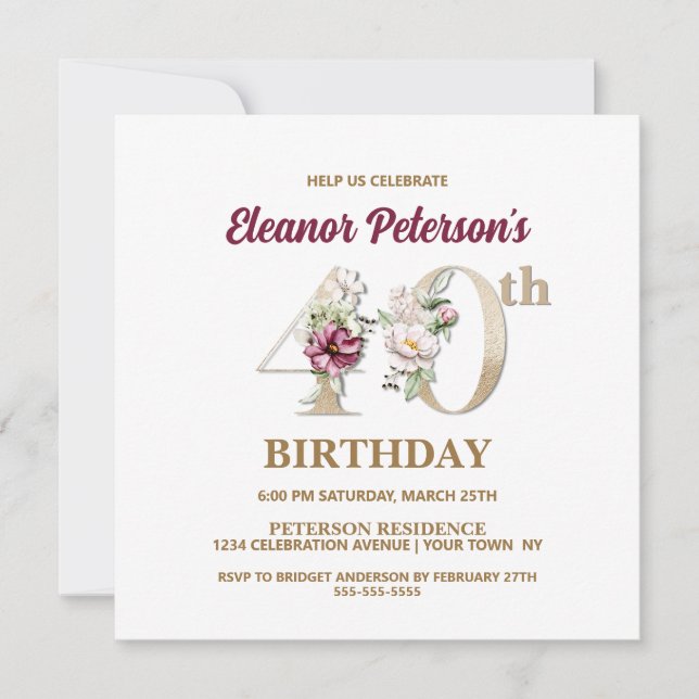 Rose Floral E 40th Birthday Party Invitation (Front)