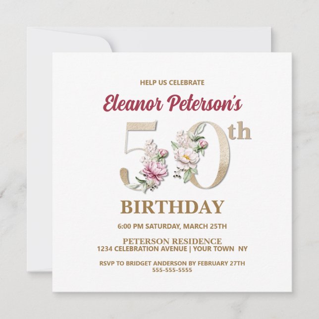 Rose Floral E 50th Birthday Party Invitation (Front)